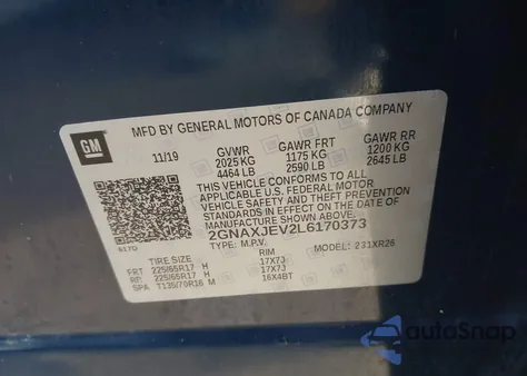 2020 Chevrolet Equinox Fwd 2Fl z USA, uszkodzony, nr VIN 2GNAXJEV2L6170373